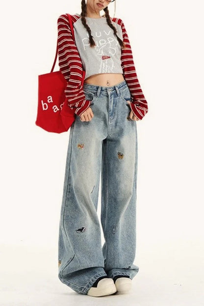 Embroidered Dog Wide Leg Jeans