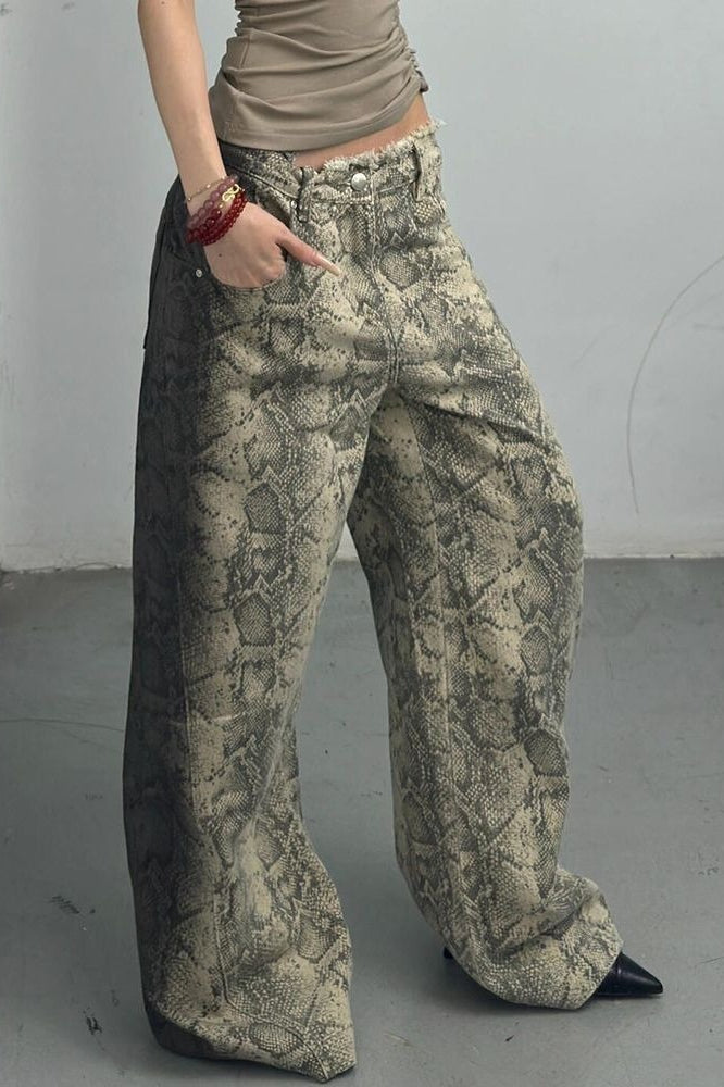 Snake Print Wide Leg Low Waist Frayed Jeans