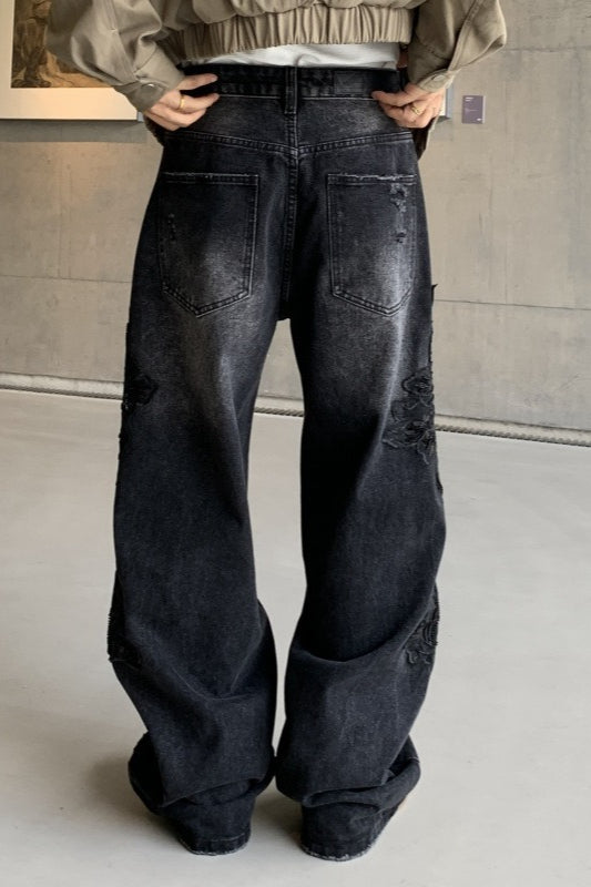 Black Washed Graffiti Faux Ripped Relaxed Straight Jeans