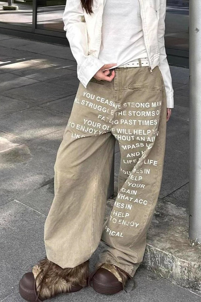 Vintage Washed Letter Print Wide Leg Slim Floor Length Jeans