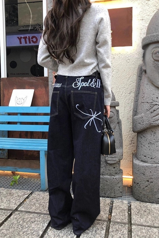 Letter Embroidery Straight Leg Jeans