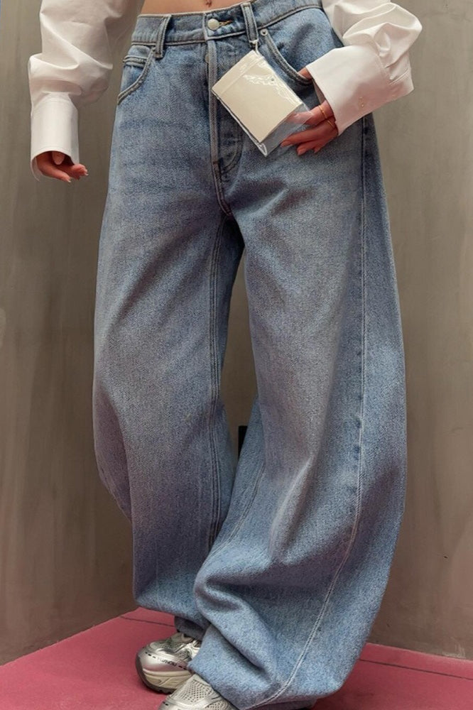 Loose Floor Length Curved Leg Washed Letter Embossed Jeans