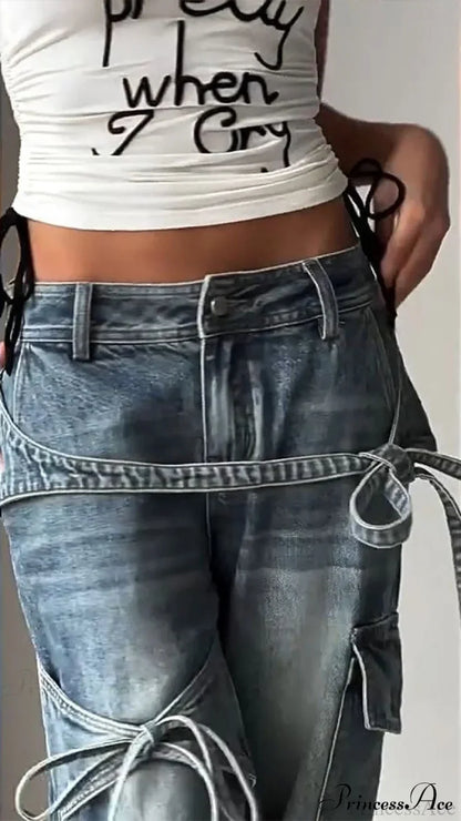Bow Tie Strap Wide Leg Jeans