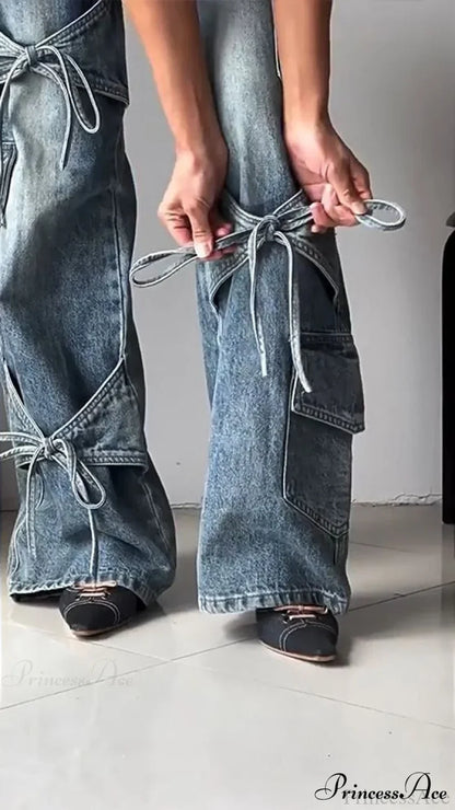 Bow Tie Strap Wide Leg Jeans