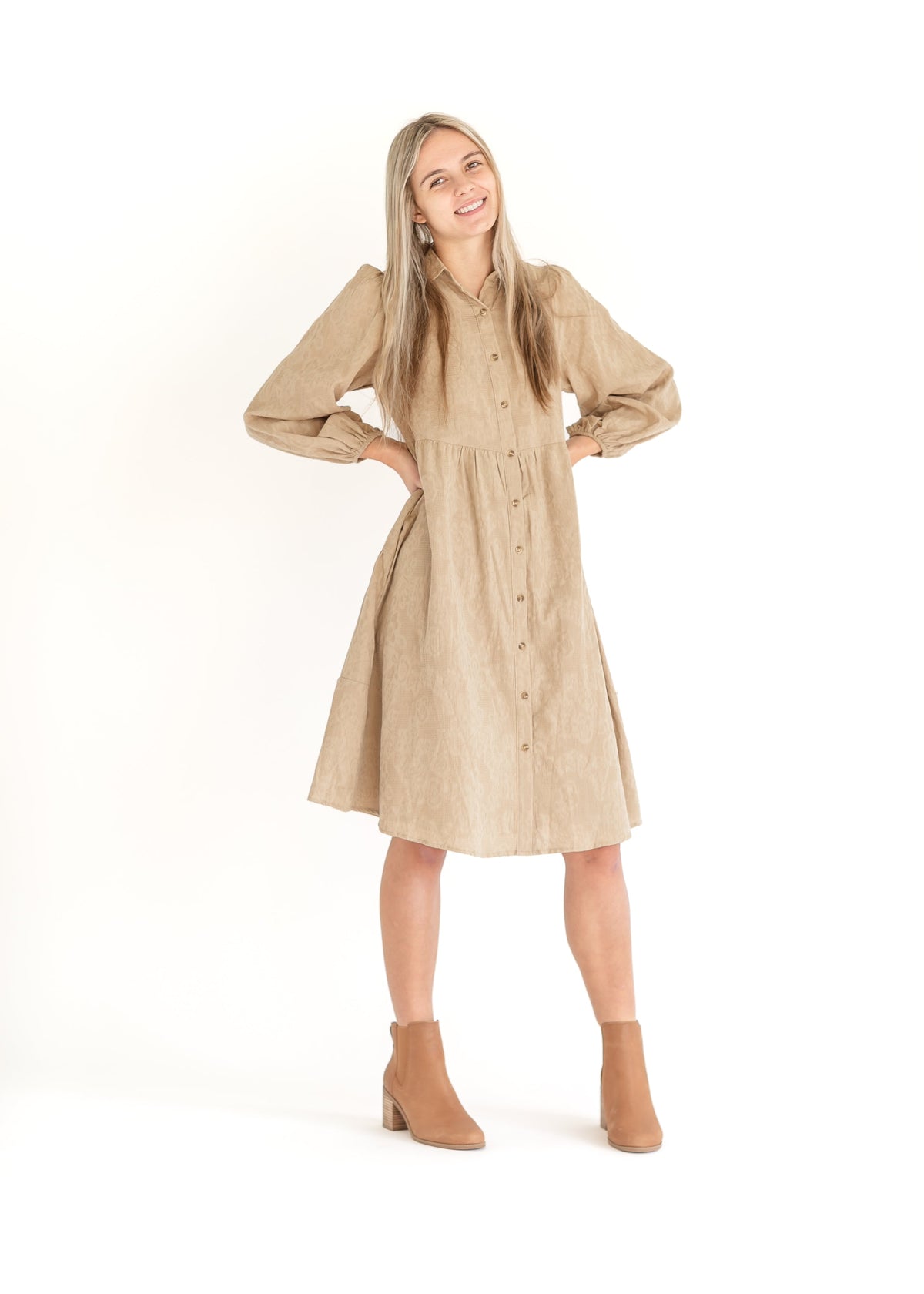 Button Up Textured Taupe Shirt Dress - FINAL SALE