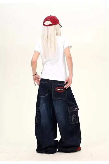 Dark Blue Cargo Wide-Leg Jeans