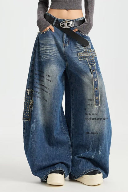 Rivet Patch Curved Leg Loose Retro Hip Hop Jeans