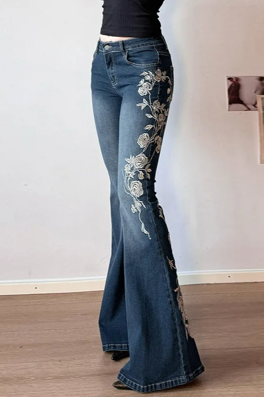 Vintage Plant Embroidered Bootcut Jeans