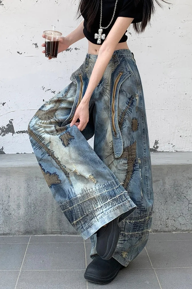 Punk Streetwear Wide Leg Denim Jeans