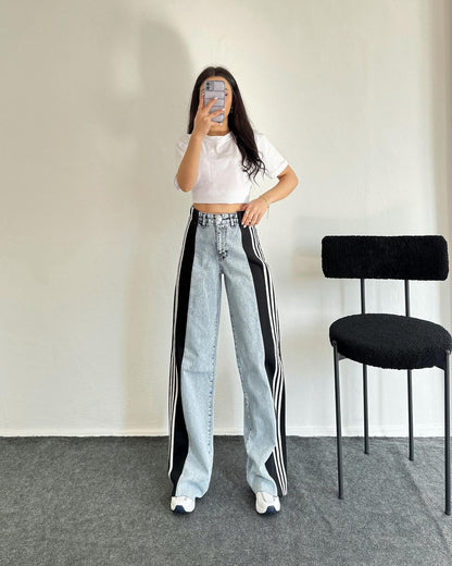 High Waisted Straight Pants Casual Pants Striped Patchwork Jeans
