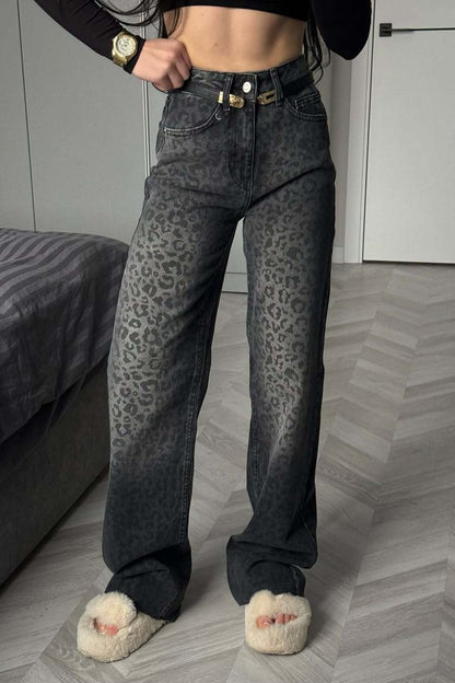 Leopard Print Flared Denim Jeans
