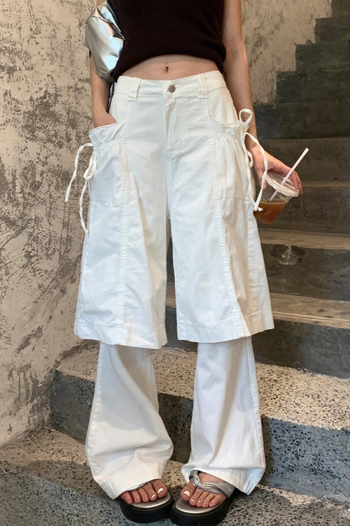Bow Tie Fake Two Piece White Y2K Loose Jeans