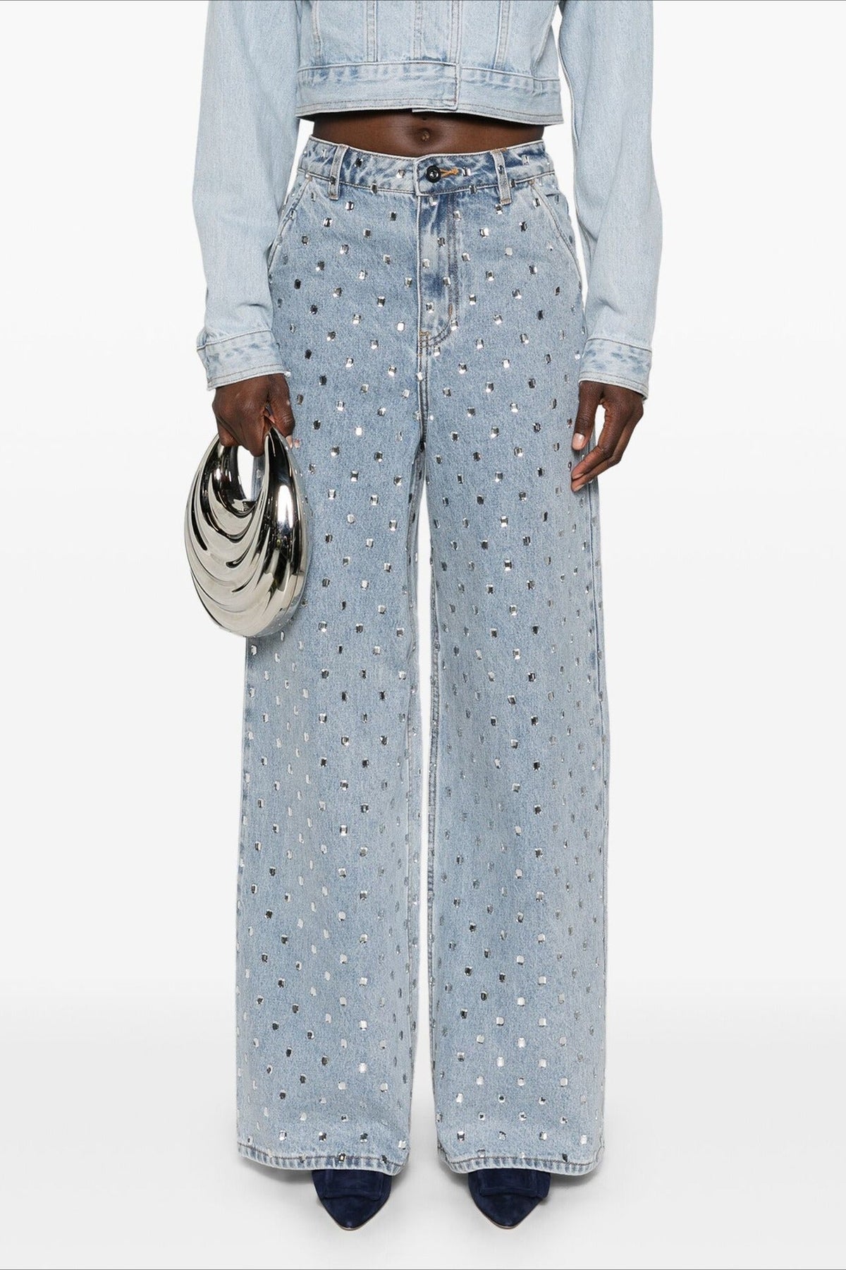 Rhinestone High Waist Denim Wide Leg Jeans