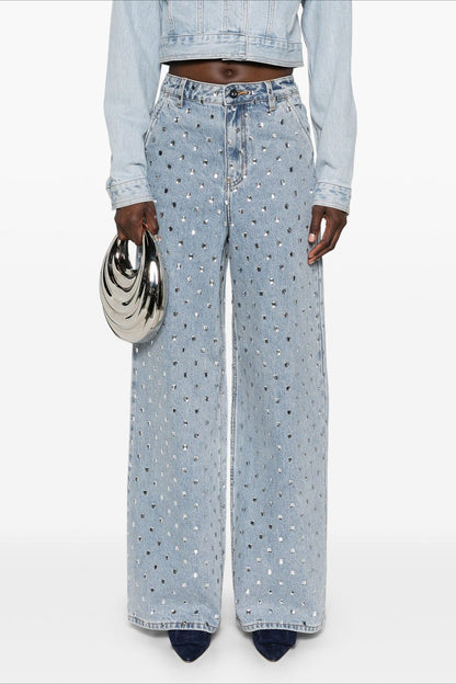 Rhinestone High Waist Denim Wide Leg Jeans