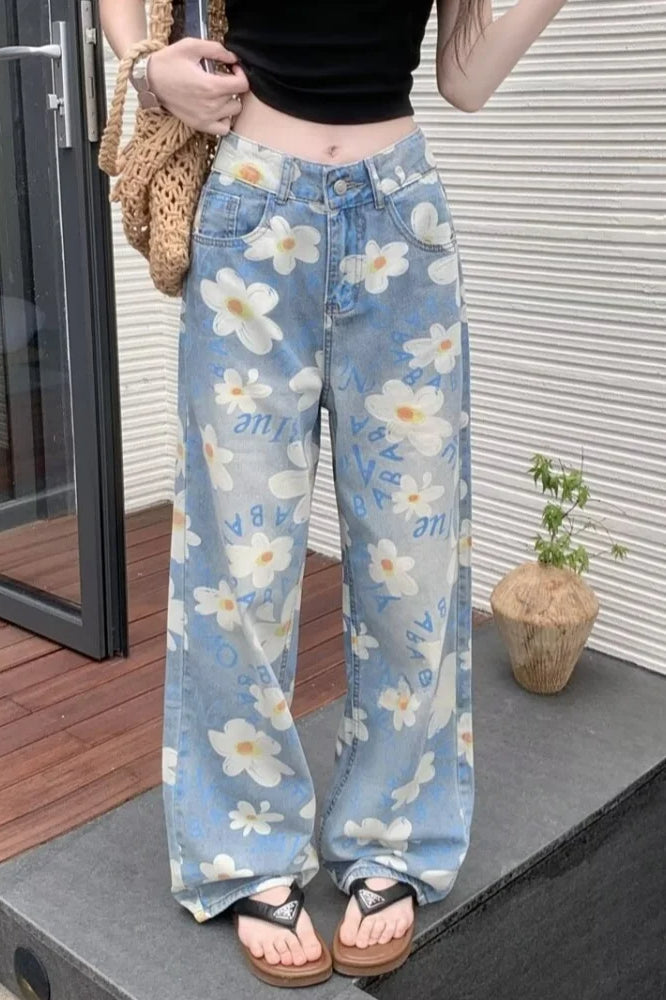 Washed Floral Print Baggy Jeans