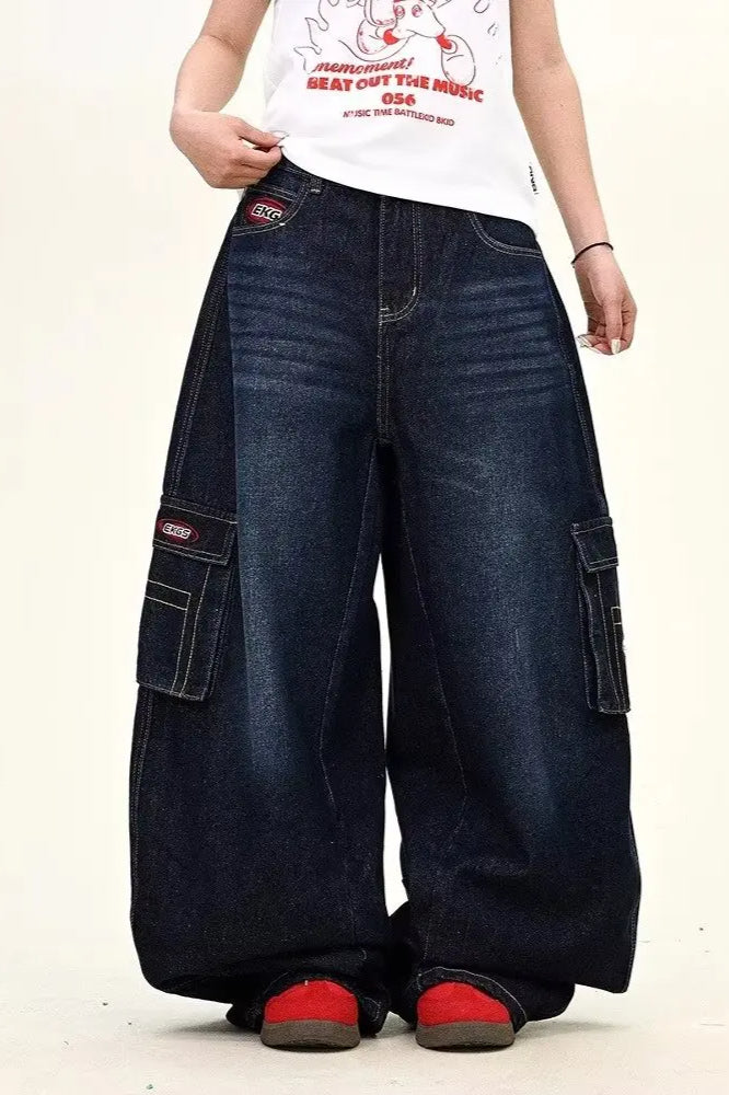 Dark Blue Cargo Wide-Leg Jeans