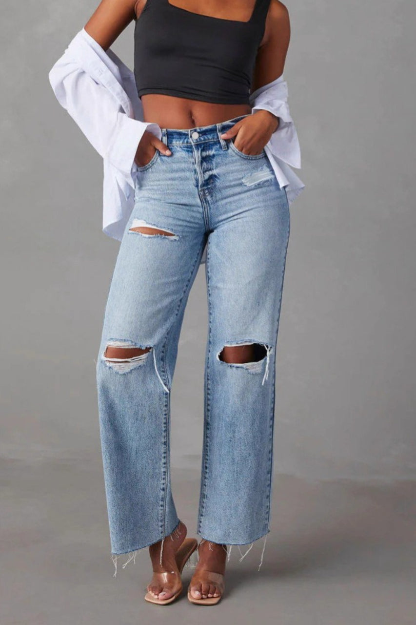 Distressed Ripped Raw Hem Washed Straight Jeans