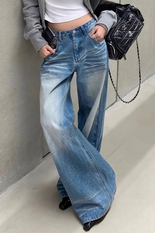 Creased Washed Floor-Length Straight Leg Jeans