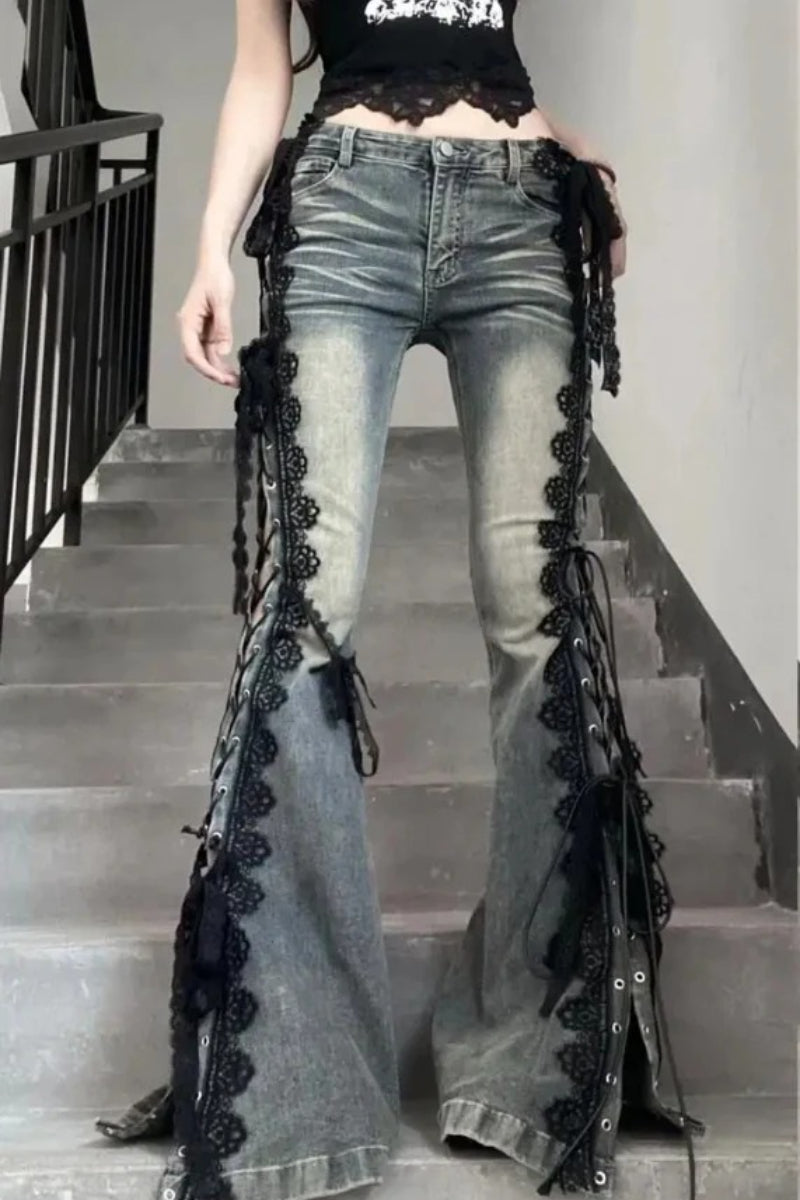 American Retro Lace Strap Slit Bell-bottom Jeans
