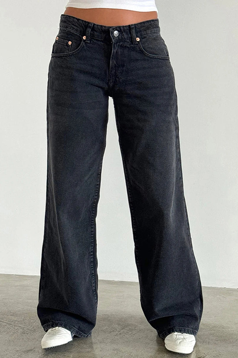 Solid Color Wide Leg Denim Jeans