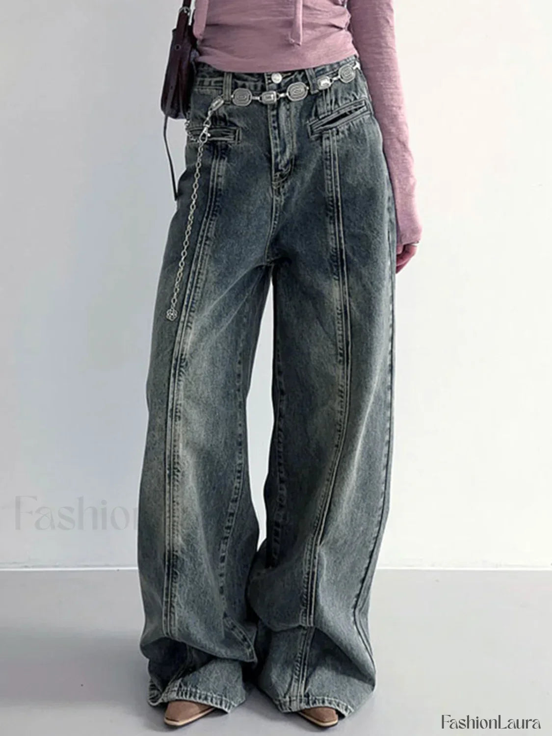 Center Stripe Wide Trendy Leg Jeans Without Belt