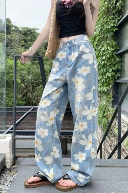 Washed Floral Print Baggy Jeans