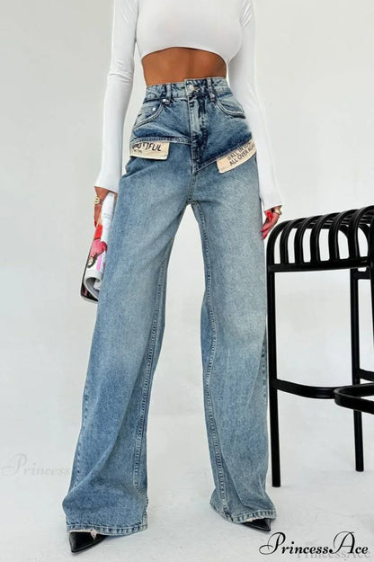 Color Block High Waist Slim Fit Straight Wide Leg Jeans