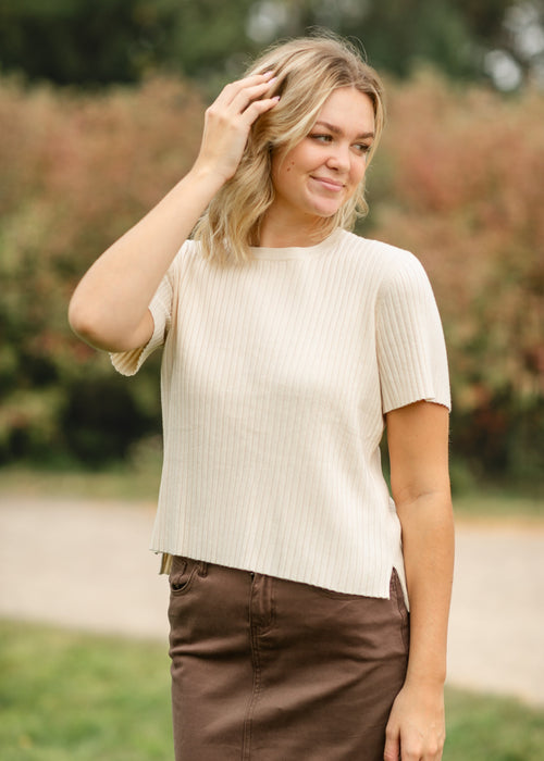 Cream Ribbed Short Sleeve Sweater - FINAL SALE