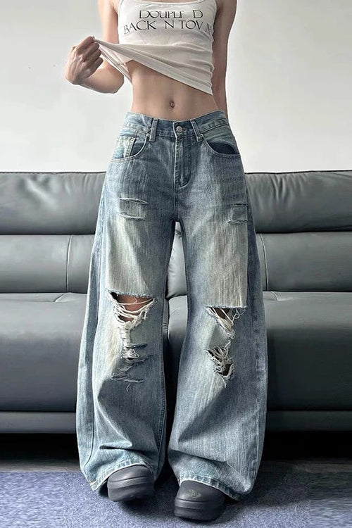 High Waist Ripped Wide-Leg Jeans