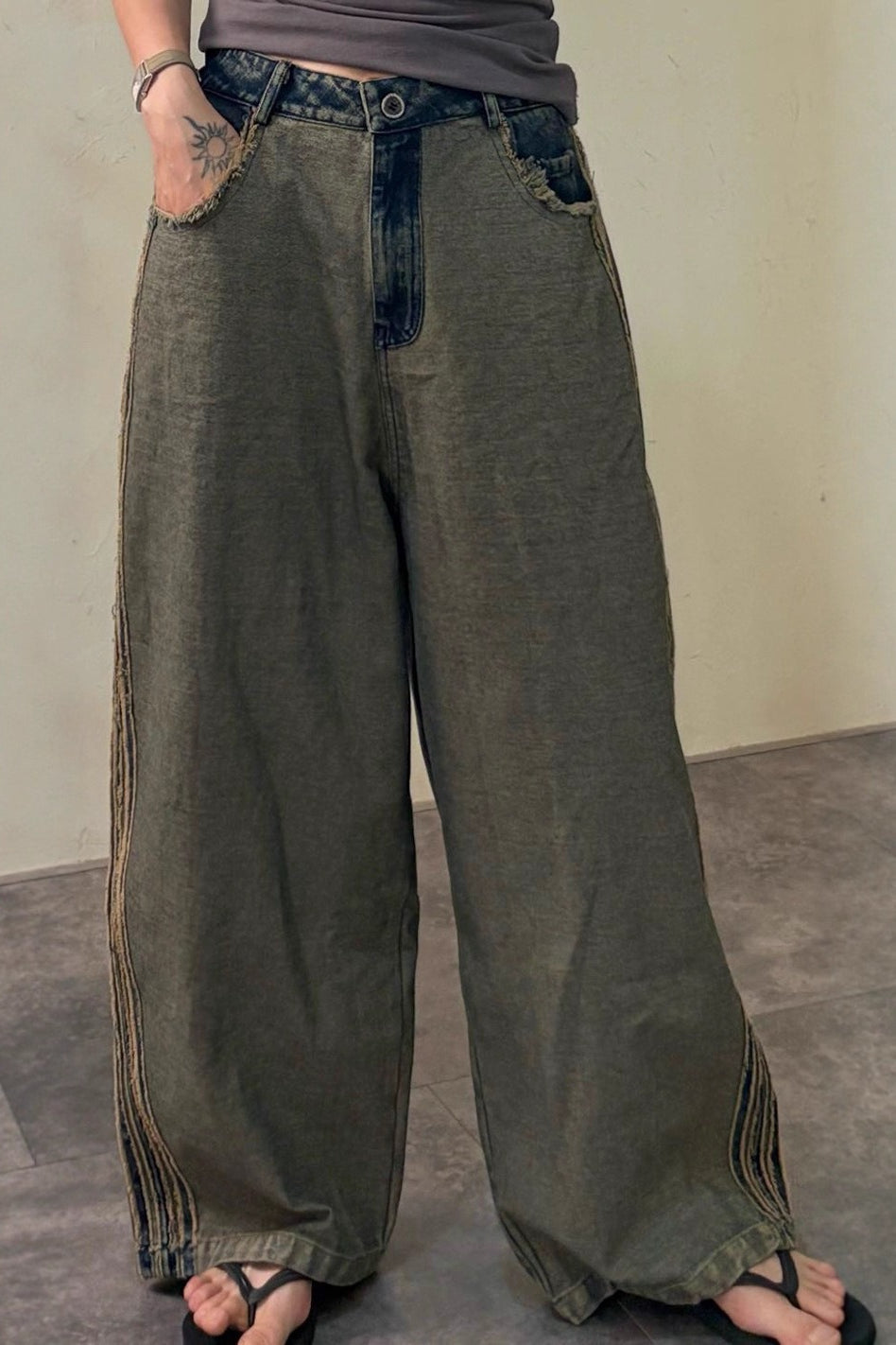 Striped Color Block Drawstring Loose Wide Leg Straight Jeans