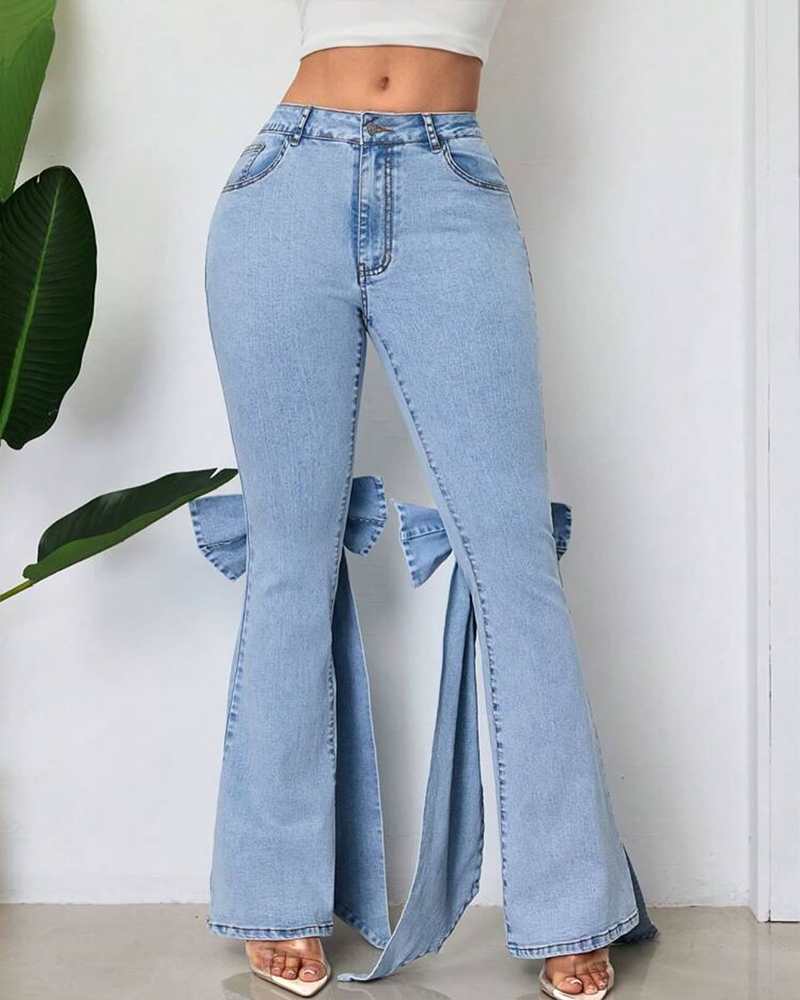 High-Waisted Bow-Embellished Flared Jeans