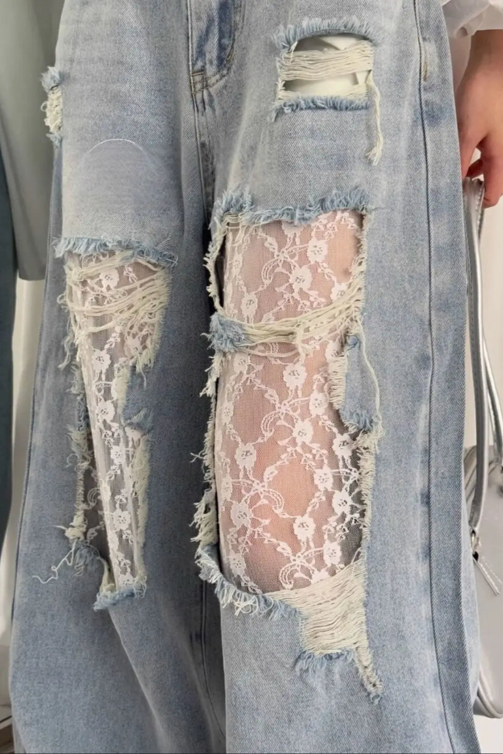 Lace Patchwork Ripped Loose Jeans