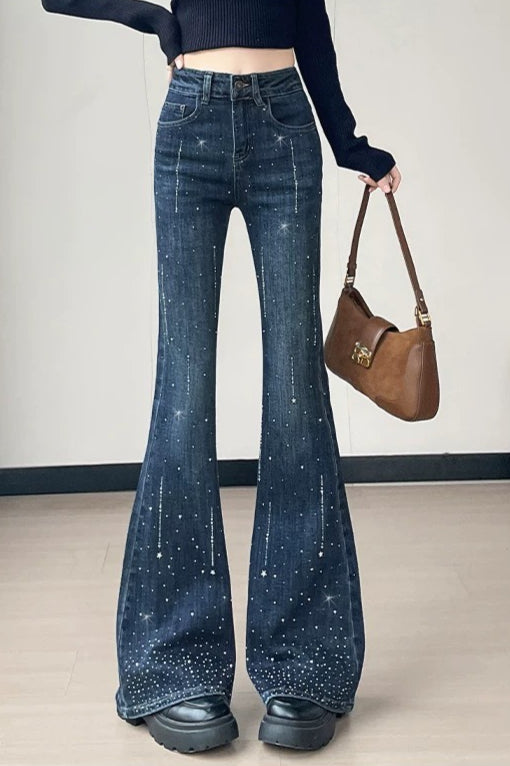 Sparkly Rhinestone High Waist Flare Jeans