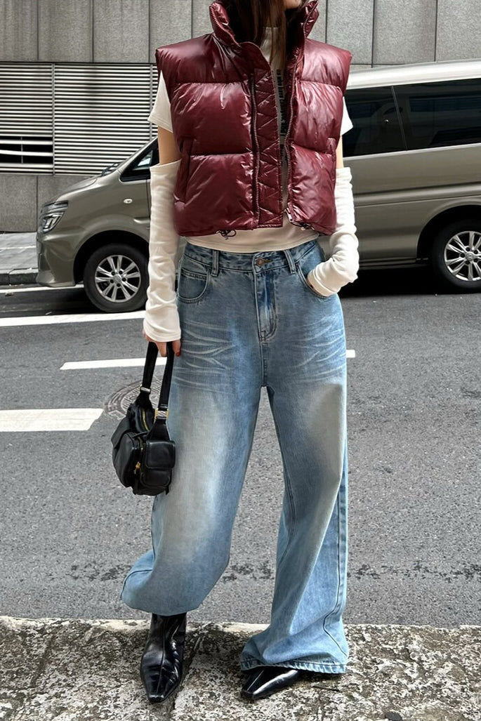 Vintage Washed Whisker Wide Leg Denim Jeans