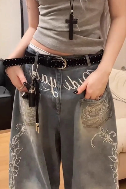 Y2K Floral Letter Embroidery Wide Leg Jeans