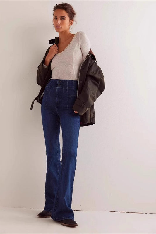 High Waist Slim Flare Wide Leg Straight Denim Jeans