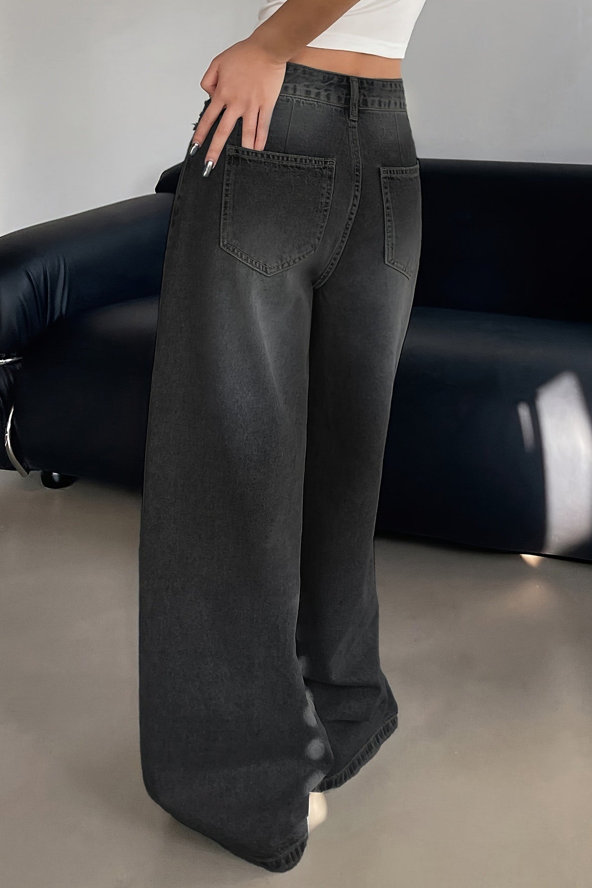 Long Wide Leg Washed Blue Ripped Relaxed Jeans