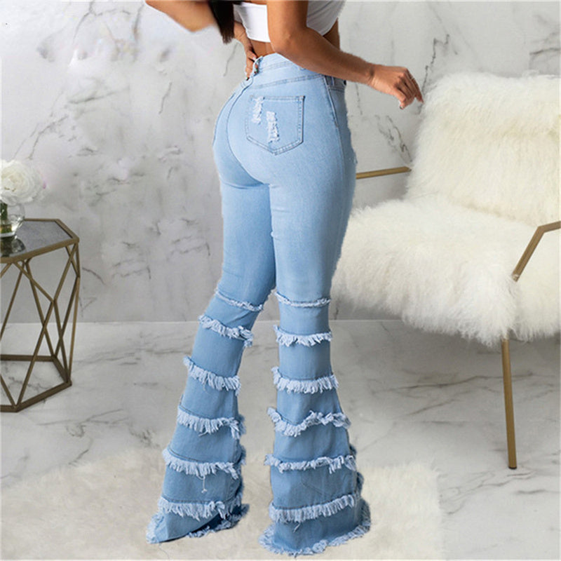 DressBetty - High Waist Stretch Denim Washed Destroyed Holes Ripped Tassel Skinny Flare Jeans