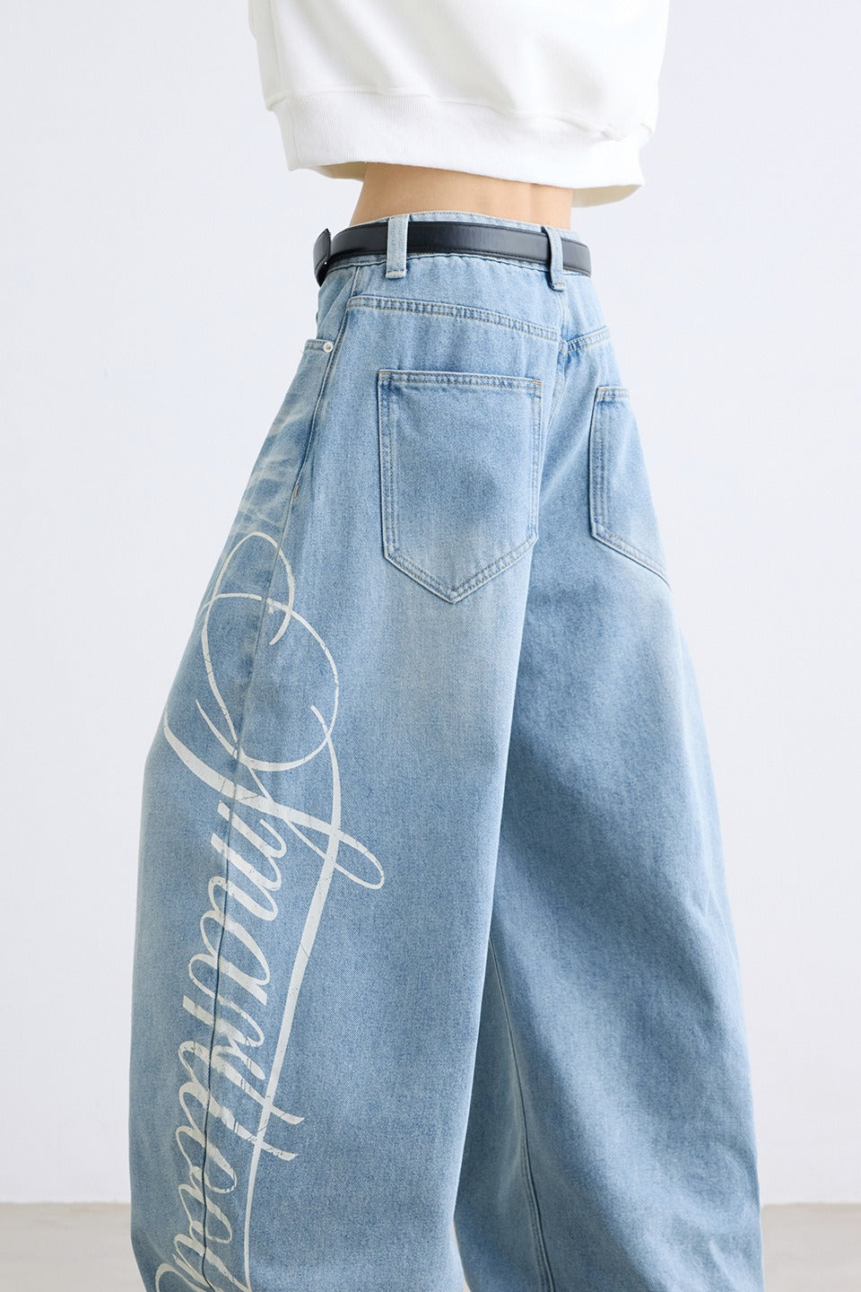 Letter Printed Slouchy Wide Leg Versatile Jeans