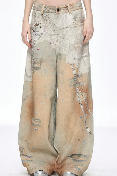 Tie Dye Baggy Wide Leg Denim Jeans
