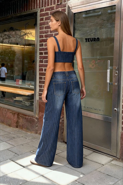 Low-Rise Striped Vintage Wide-Leg Denim Jeans