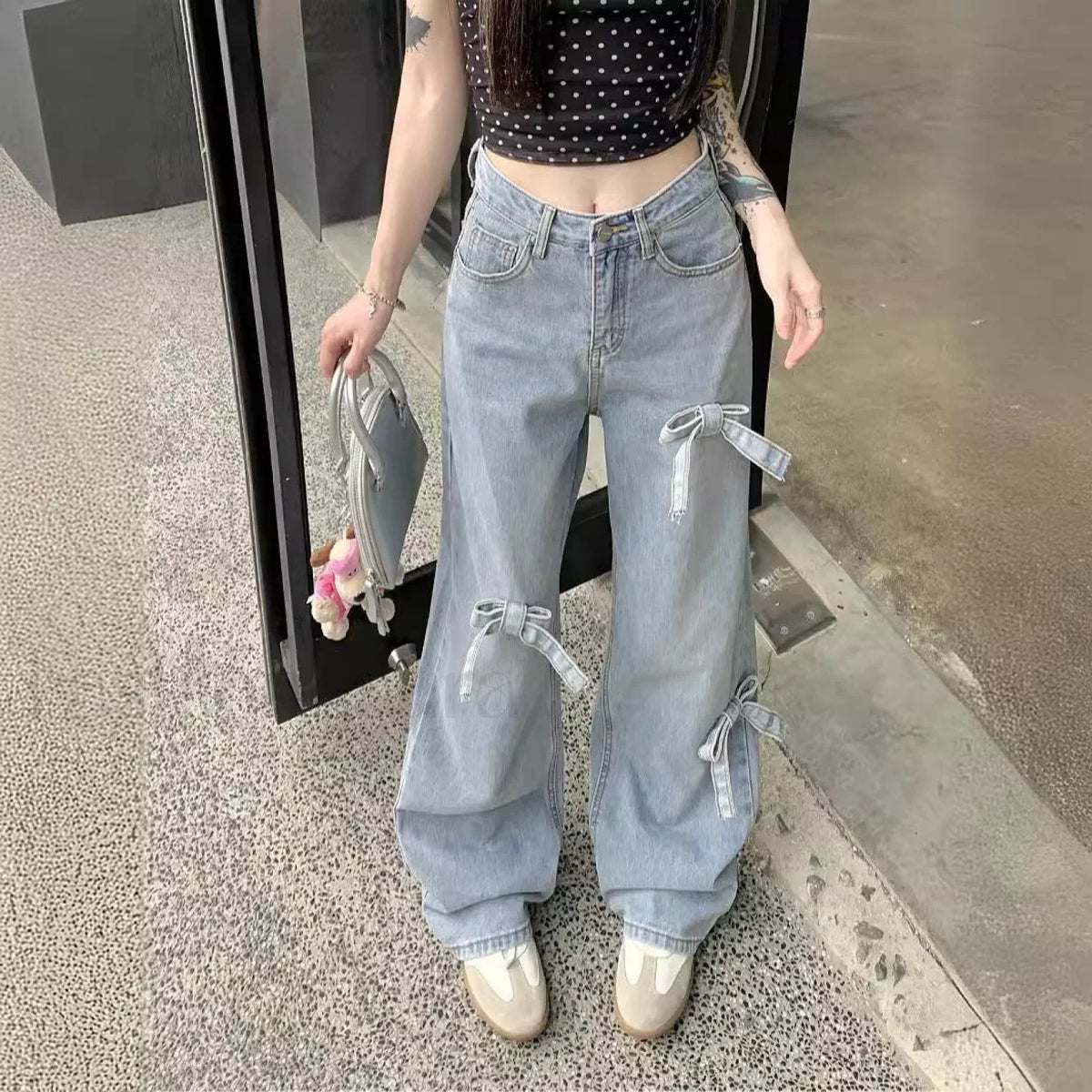 Denim Bow High Trendy Waist Wide Leg Jeans