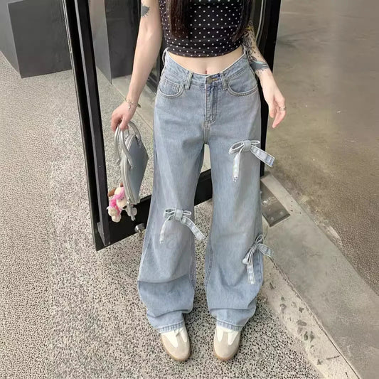 Denim Bow High Trendy Waist Wide Leg Jeans