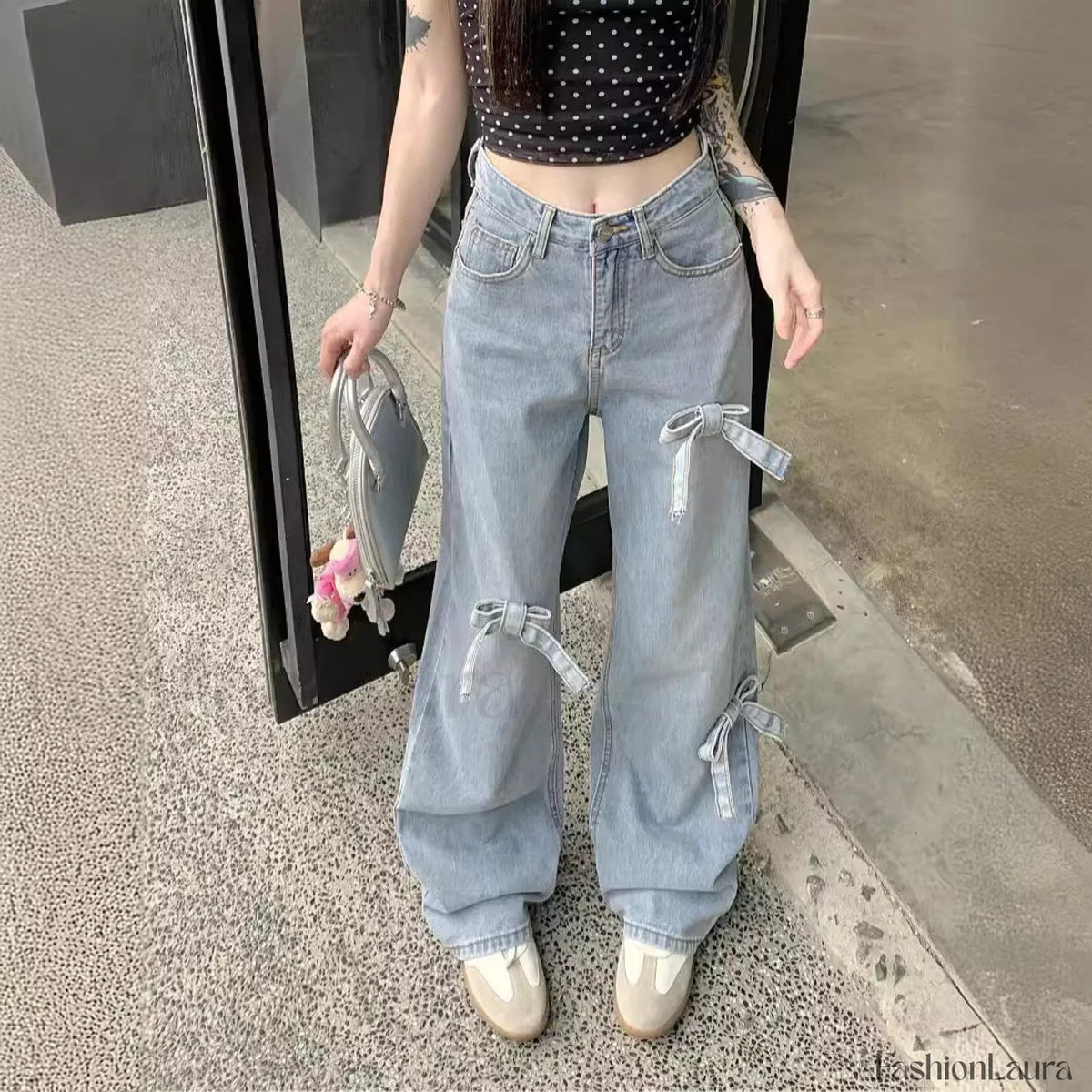 Denim Bow High Trendy Waist Wide Leg Jeans