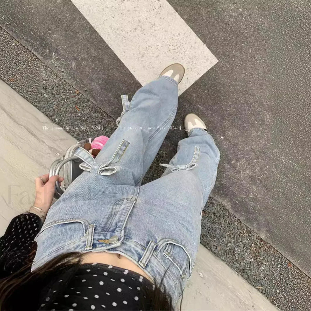 Denim Bow High Trendy Waist Wide Leg Jeans