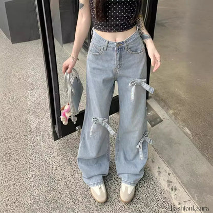 Denim Bow High Trendy Waist Wide Leg Jeans