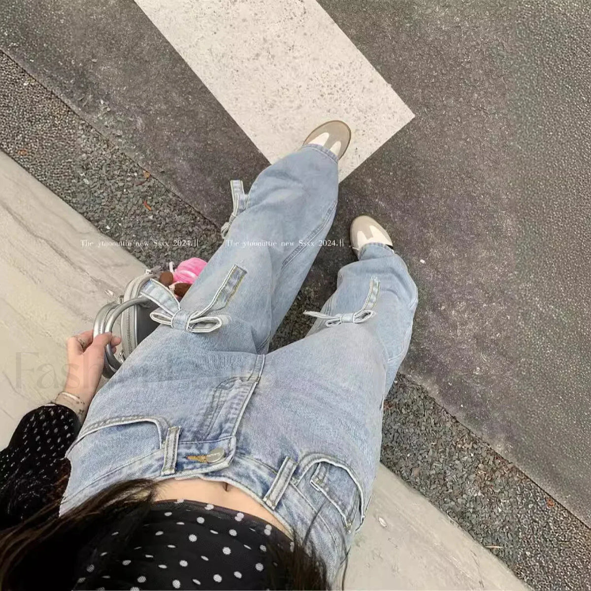 Denim Bow High Trendy Waist Wide Leg Jeans