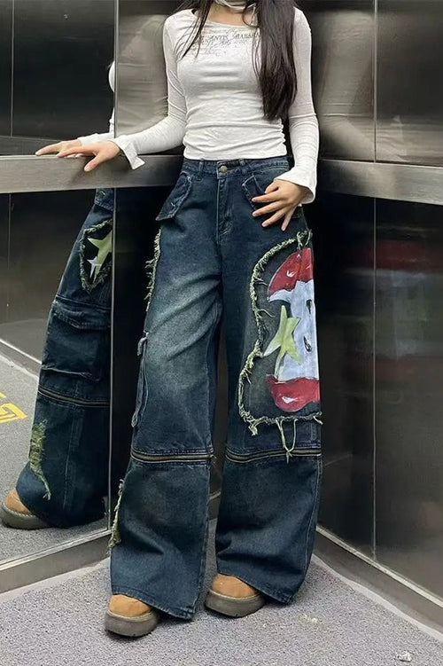 Graffiti Print Wide-Leg Jeans