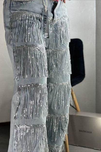 Sequin Fringe Straight Leg Jeans