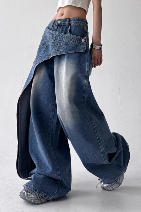Asymmetric Panel Patchwork Wide Leg High Waist Jeans